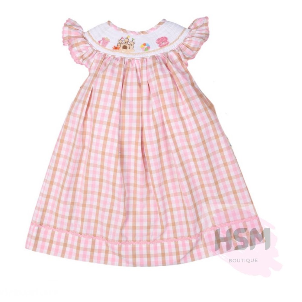 🏖Plaid Smocked Sandcastle Shells Bishop Embroidery Pink Dress